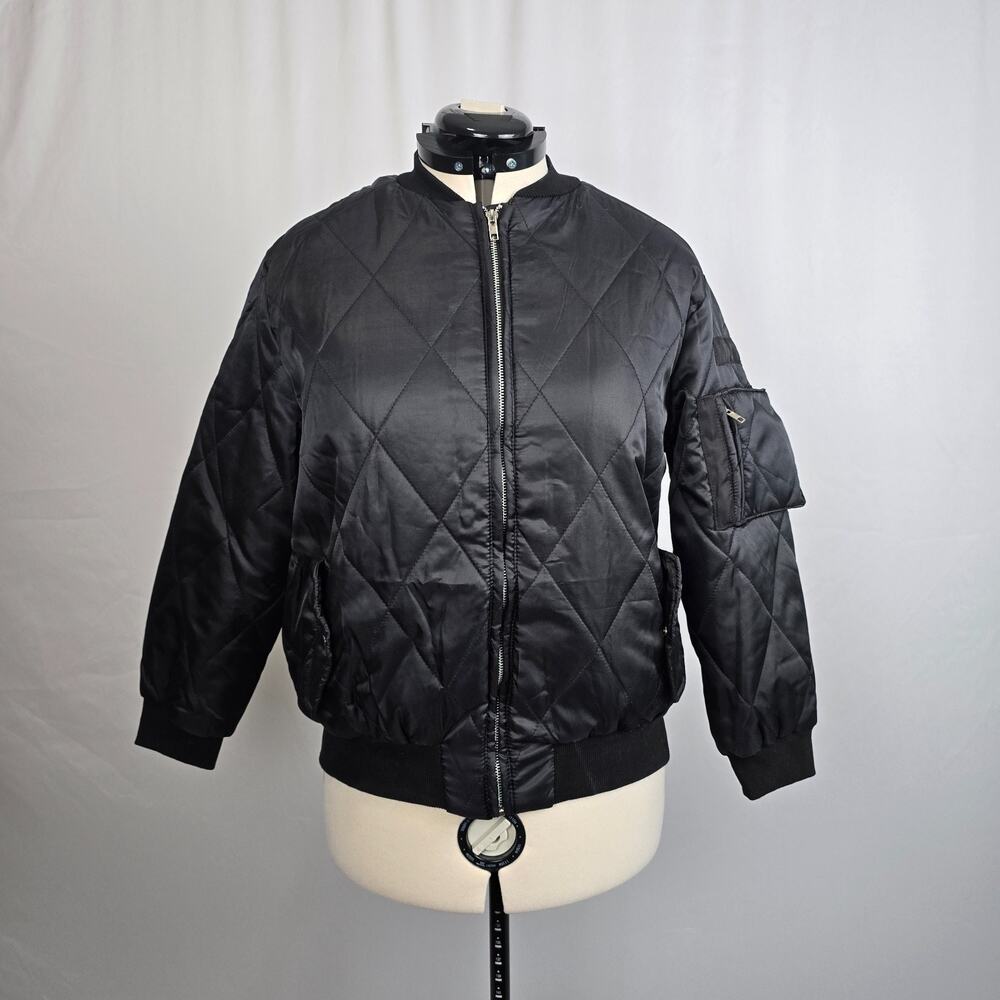 Eilly Bazar Quilted Bomber Jacket Women's L Black Zip Up NWOT